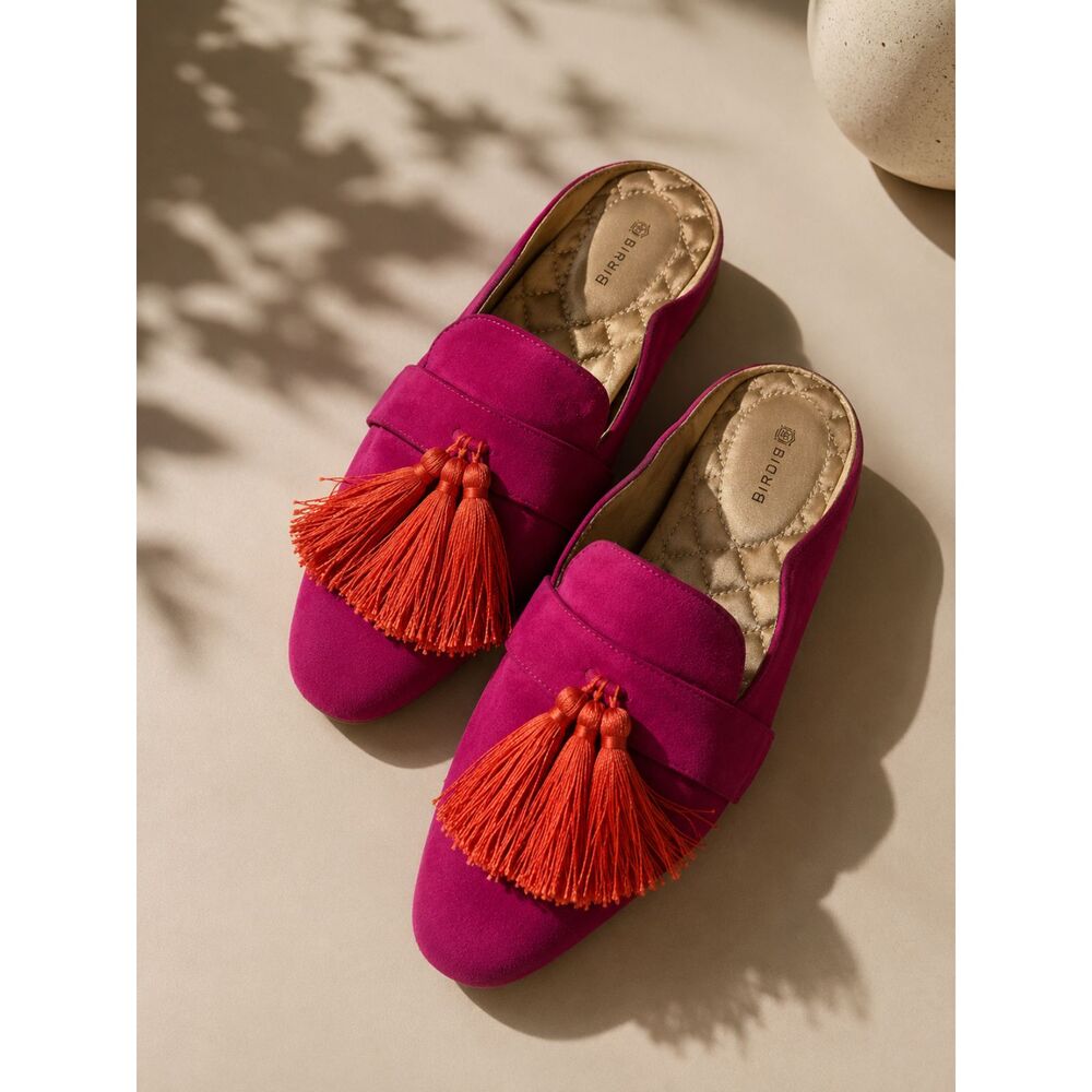 Birdies Fuchsia Slip-On Mules with Orange Tassels